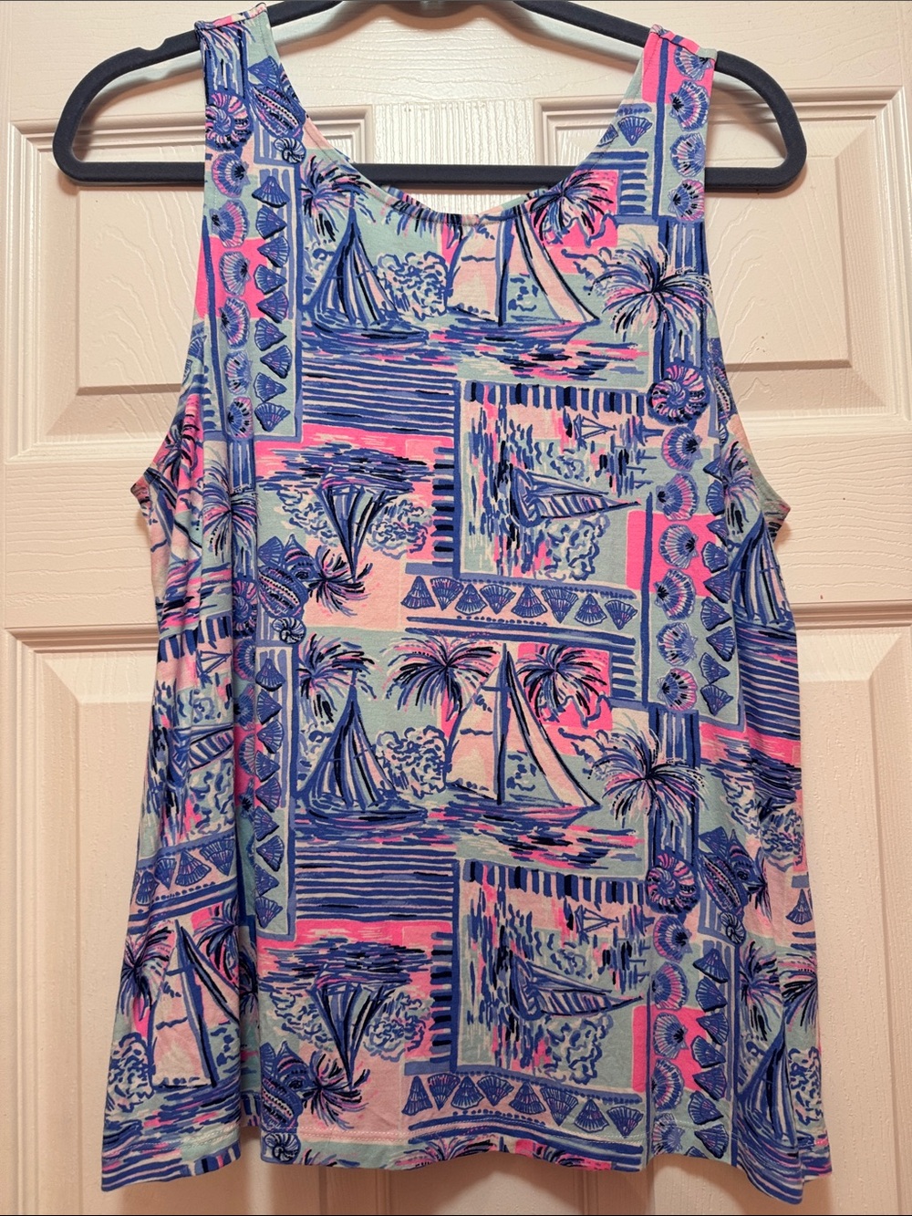 Sleeveless Tropical Print Kristin Tank Top - Pink & Blue